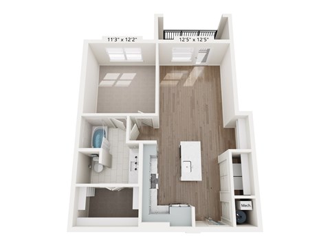 A floor plan of a small apartment with a kitchen, living room, and bathroom.